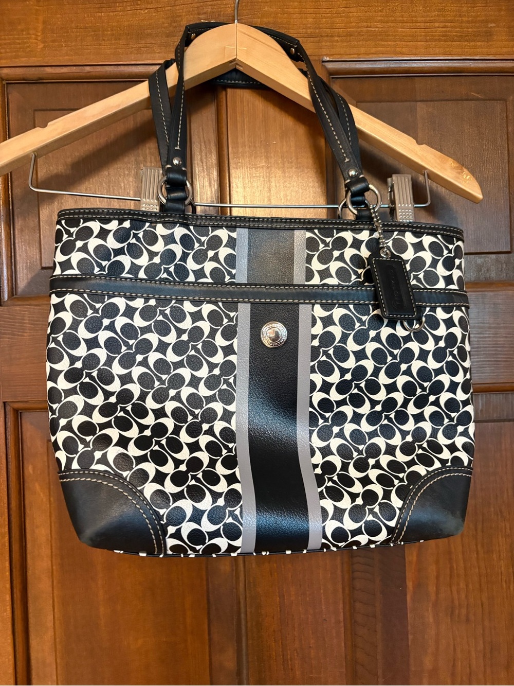 Coach Black and White Signature Stripe Tote with Gray Accent